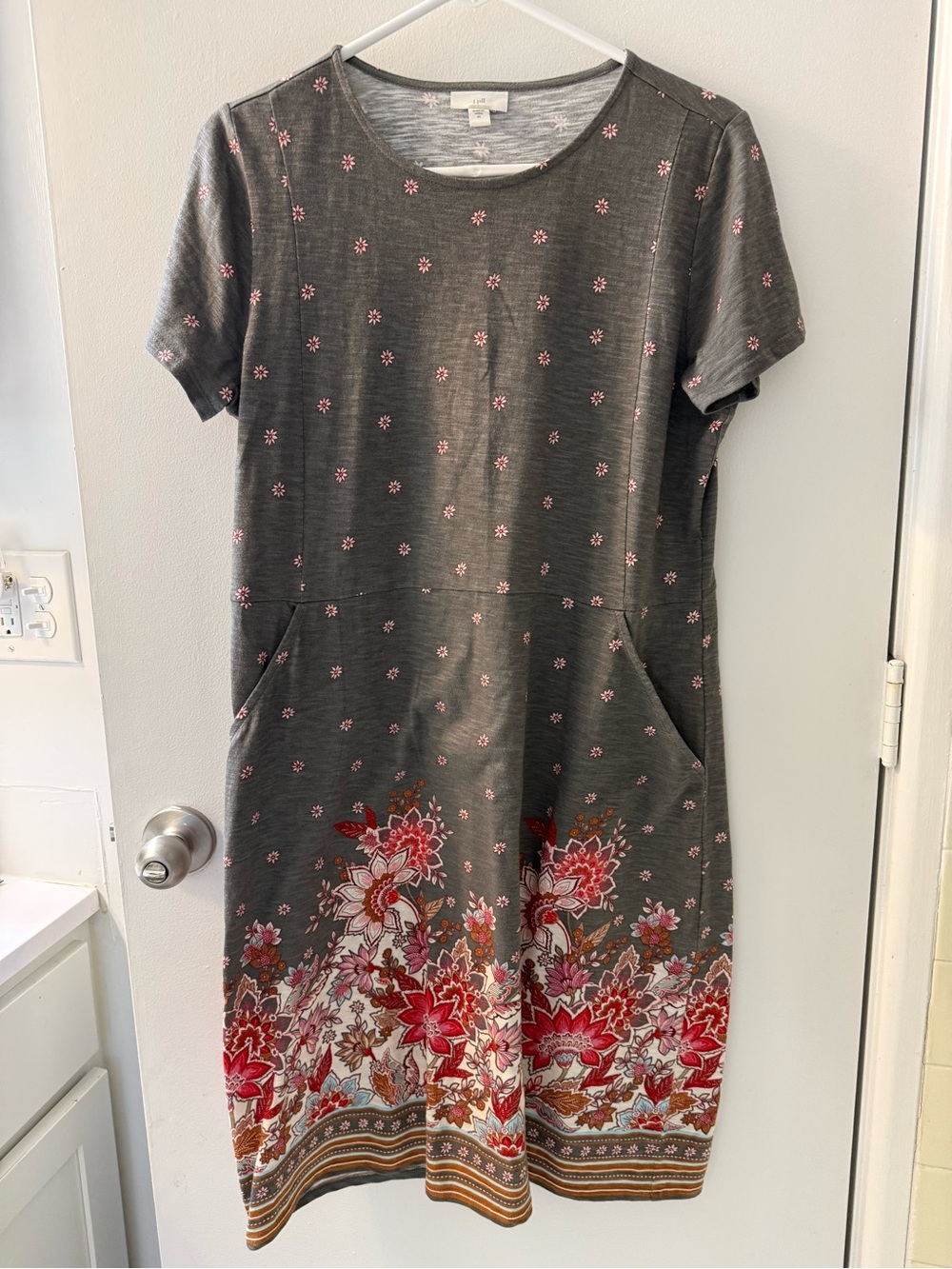 J. Jill Short-Sleeve Dress with Pink & Red Floral Hem